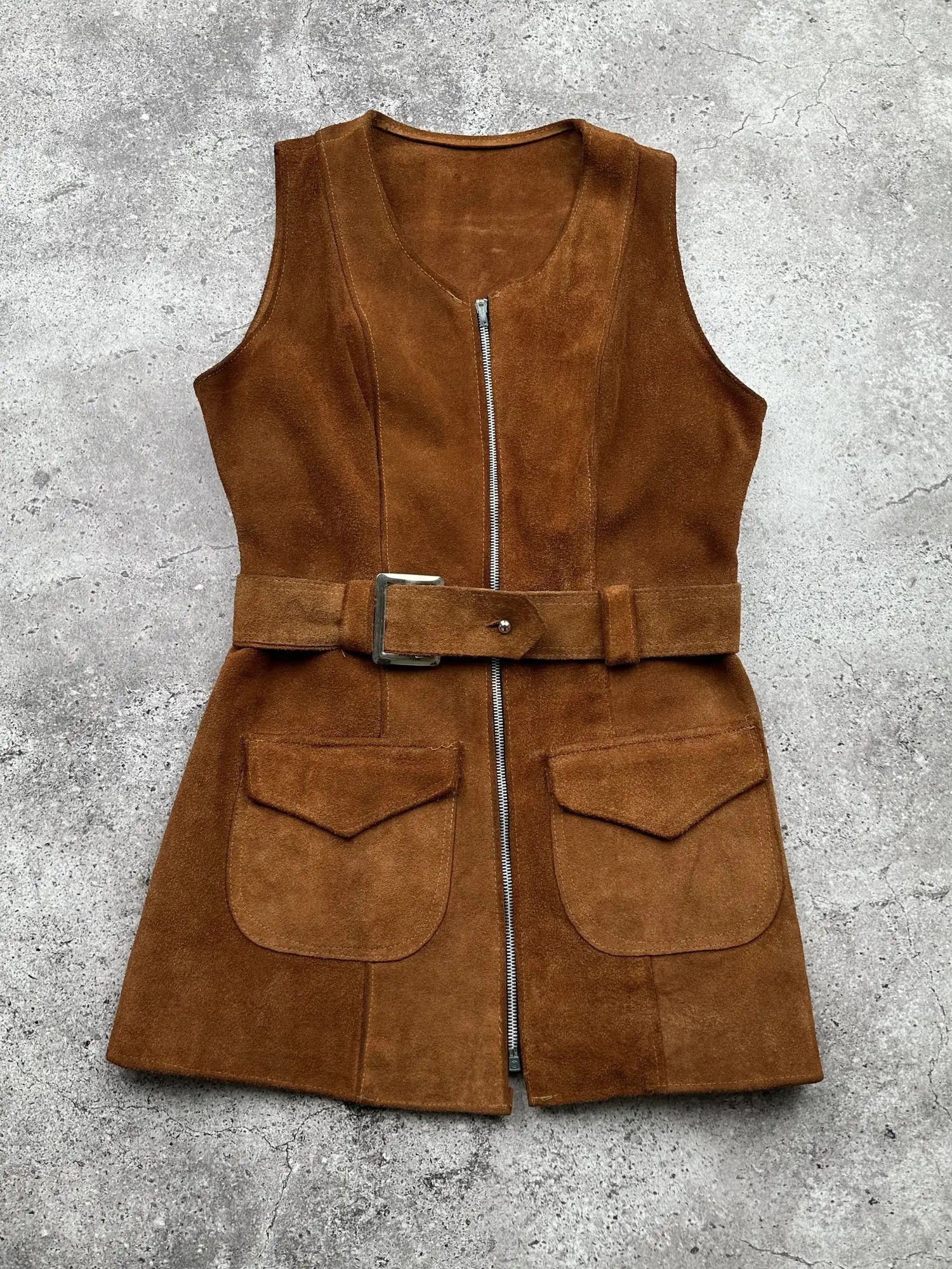 image of Genuine Leather x Leather Jacket Vintage Suede Leather Vest With Belt in Brown, Women's (Size Small