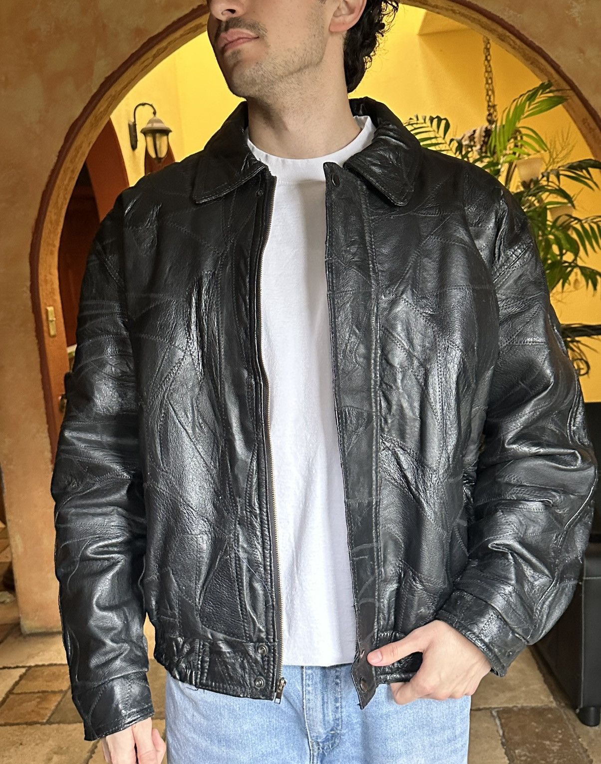 Vintage 🪡 Vintage Black Leather Patchwork Bomber Jacket Size US XL / EU 56 / 4 - 2 Thumbnail