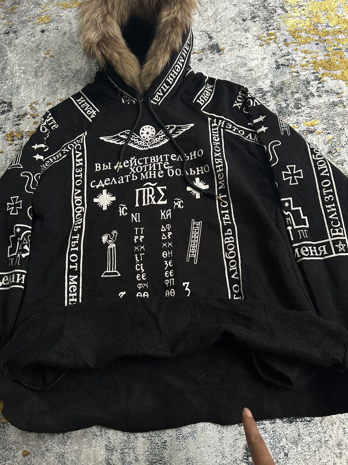 Japanese Brand × Vintage UNKNOWN BRAND DISTRESSED FUR HOODIE ANCIENT SYMBOL LGB STYLE Size US M / EU 48-50 / 2 - 8 Thumbnail