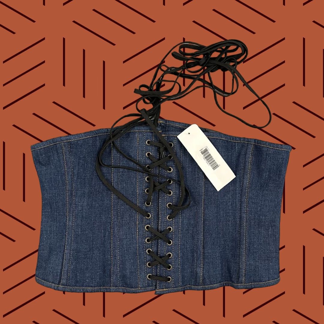 Denime VTG Denim Underbust Corset Top Womens Sz 36 Blue Adjustable Lace Festival Heavy Shirt Sleeveless Casual Womens 36 Blue Knit? Size M / US 6-8 / IT 42-44 - 1 Thumbnail