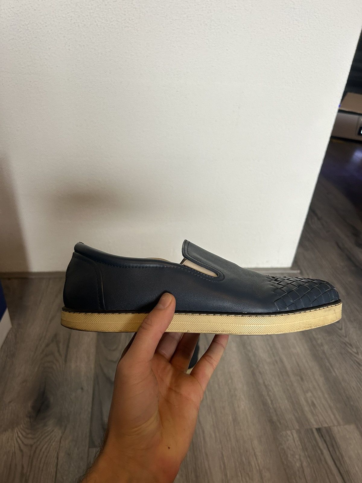 Bottega Veneta Blue Leather Slip-On Shoes with Intrecciato Detail - 41.5 Size US 8.5 / EU 41-42 - 7 Thumbnail