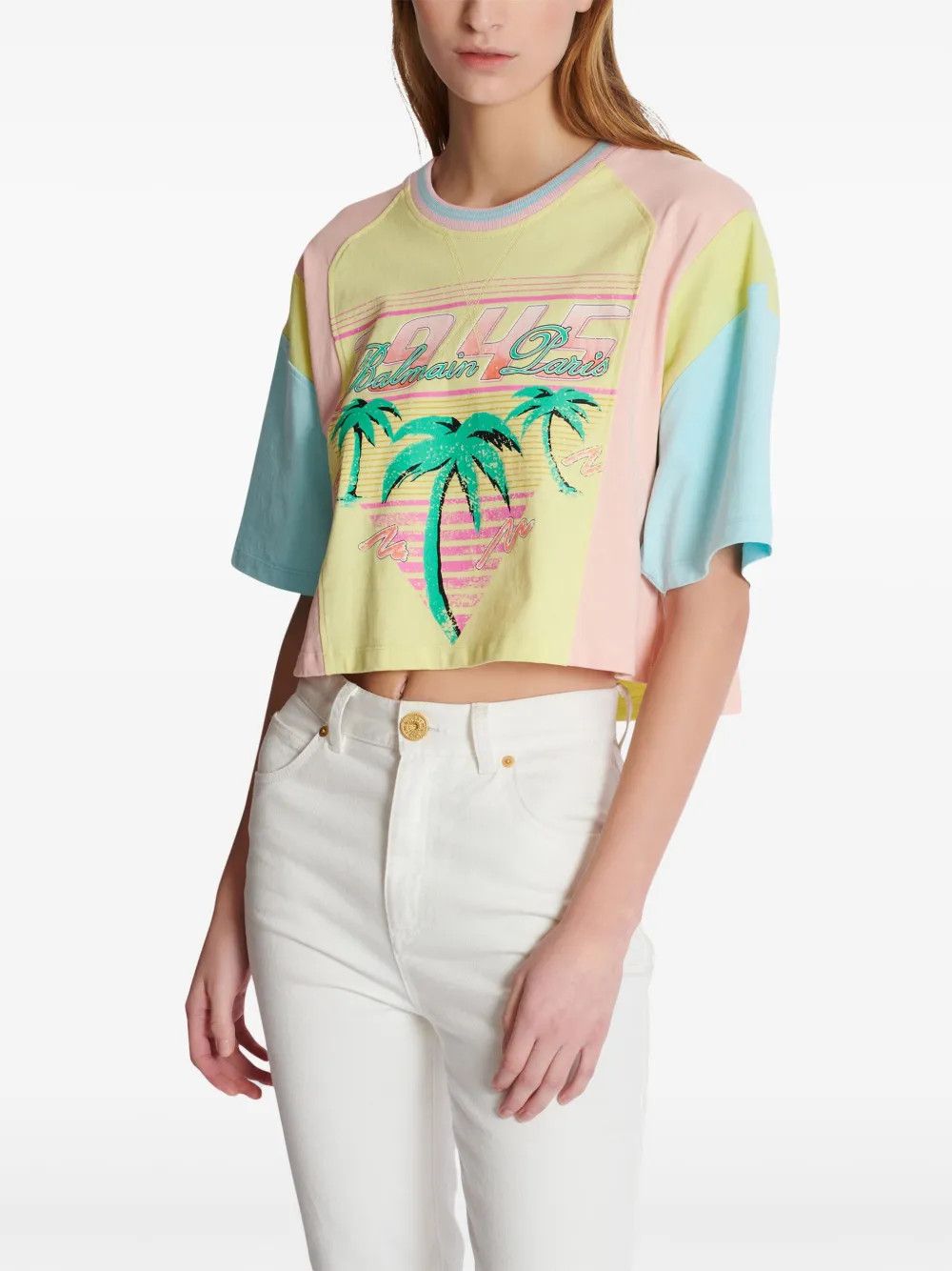 Balmain o1s1wg110725 Palm Tree Print Cropped T-Shirt in Multicolor Size L / US 10 / IT 46 - 4 Thumbnail
