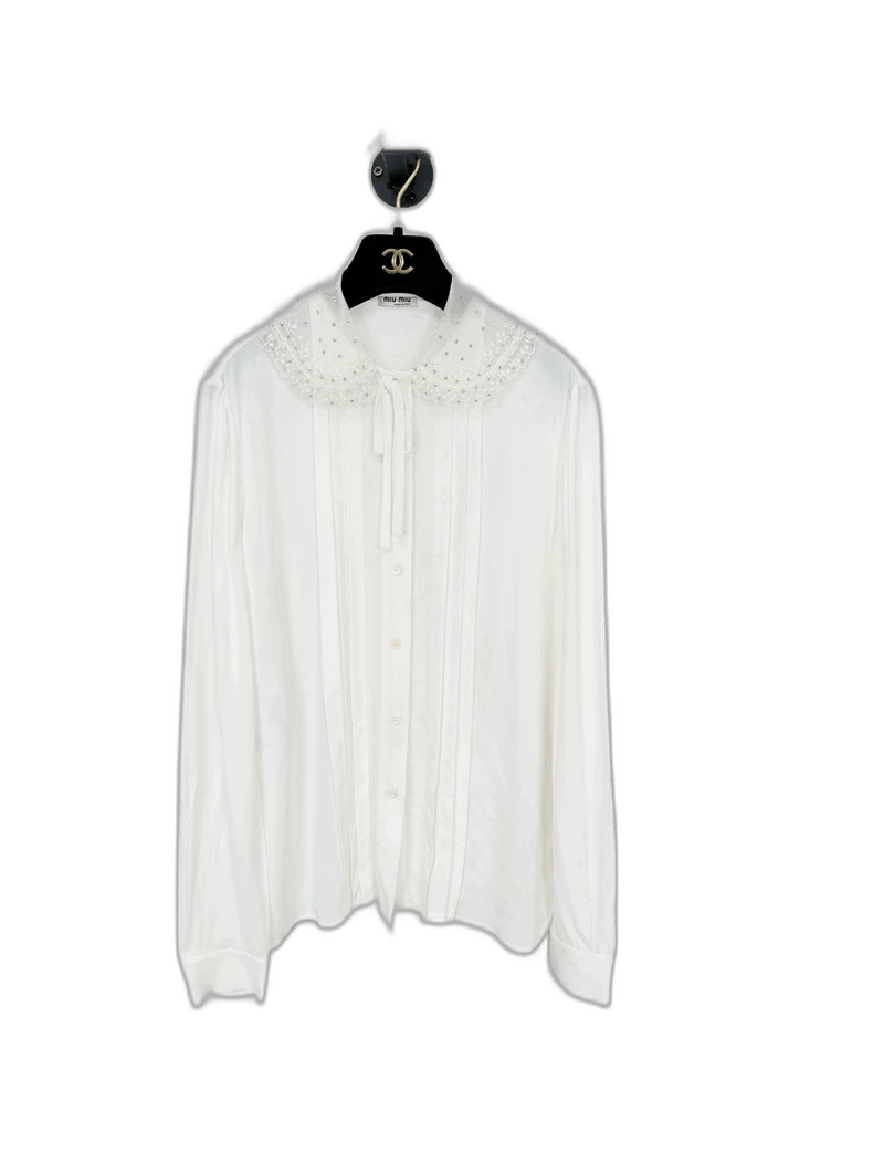 Prada Miumiu White Button-Up Shirt with Ruffled Collar Size M / US 6-8 / IT 42-44 - 1 Thumbnail