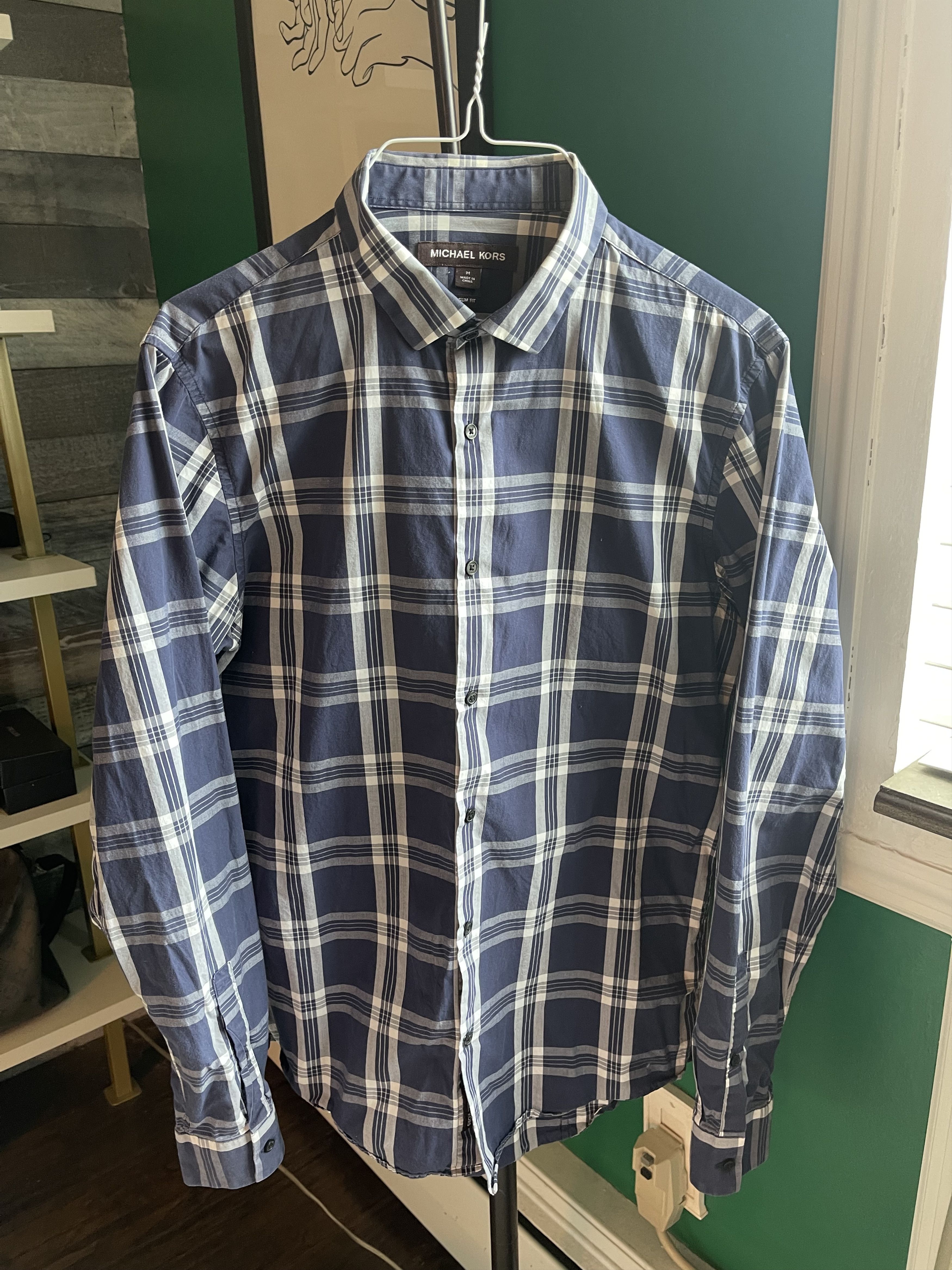 Michael Kors Blue Plaid Button Down Shirt Size 38R - 1 Thumbnail