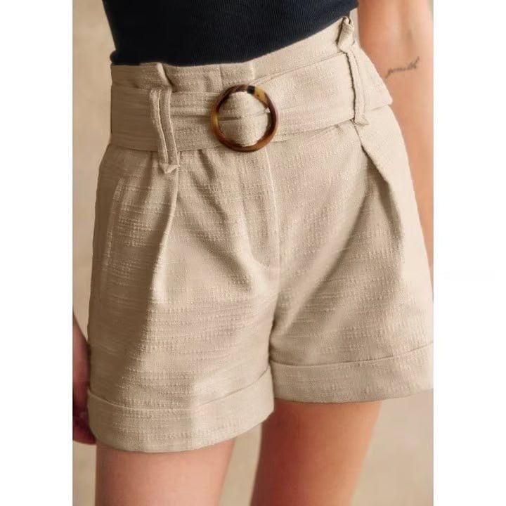Sezane Sezane Design Rome Beige Belted Cuff Shorts buckle high-rise Size 27" / US 4 / IT 40 - 1 Thumbnail