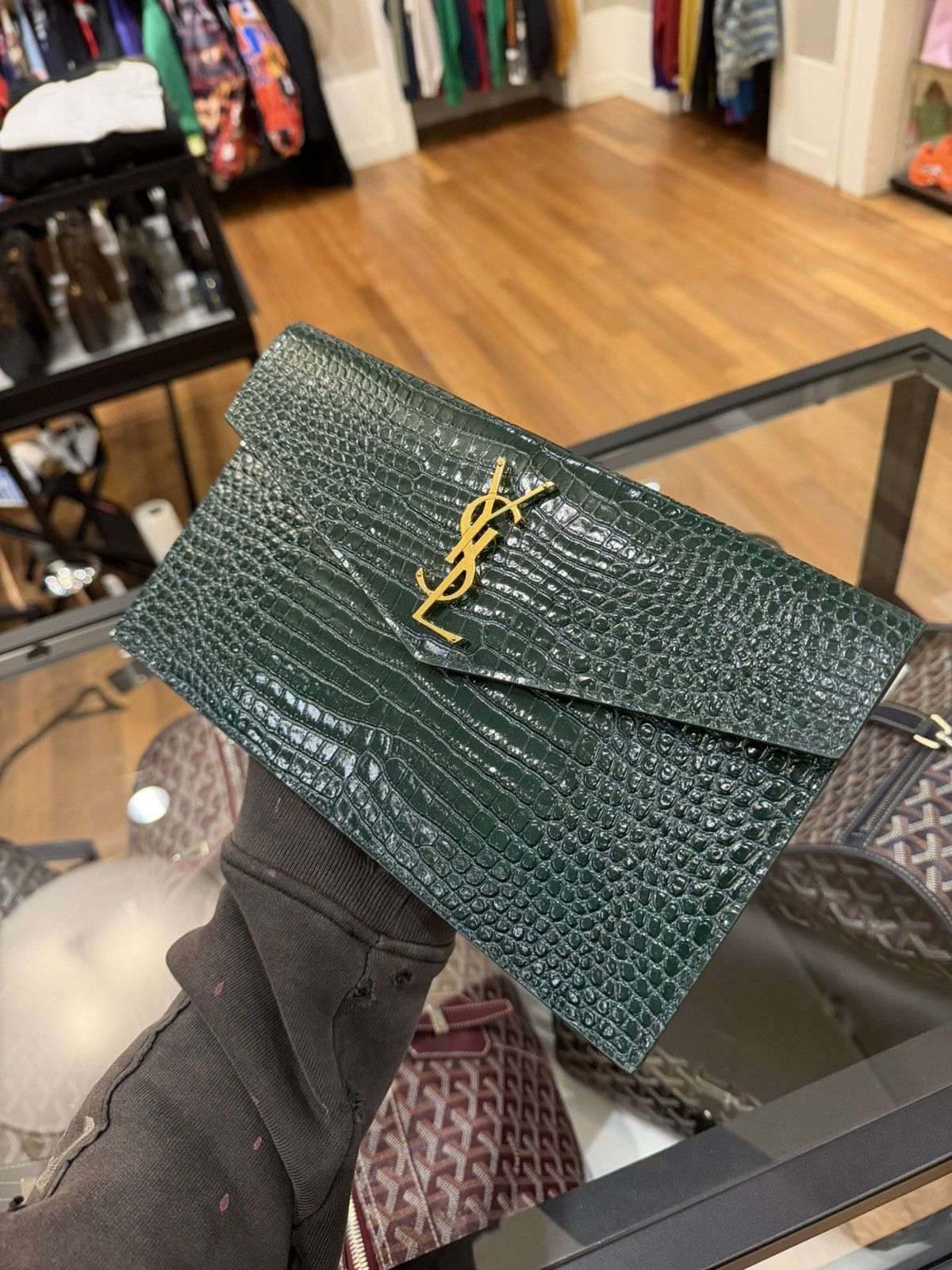 Saint Laurent Paris YSL Womens Uptown Pouch in Green Crocodile Size ONE SIZE - 2 Thumbnail