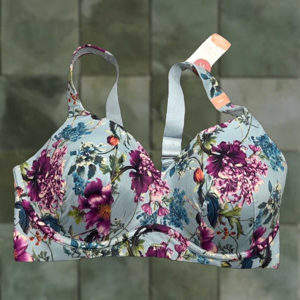 NWT Cacique Bra Full Coverage Wireless Lightly Lined 38DD T-Shirt Garden Floral Nylon Spandex Multicolor Blue Purple Lane Bryant