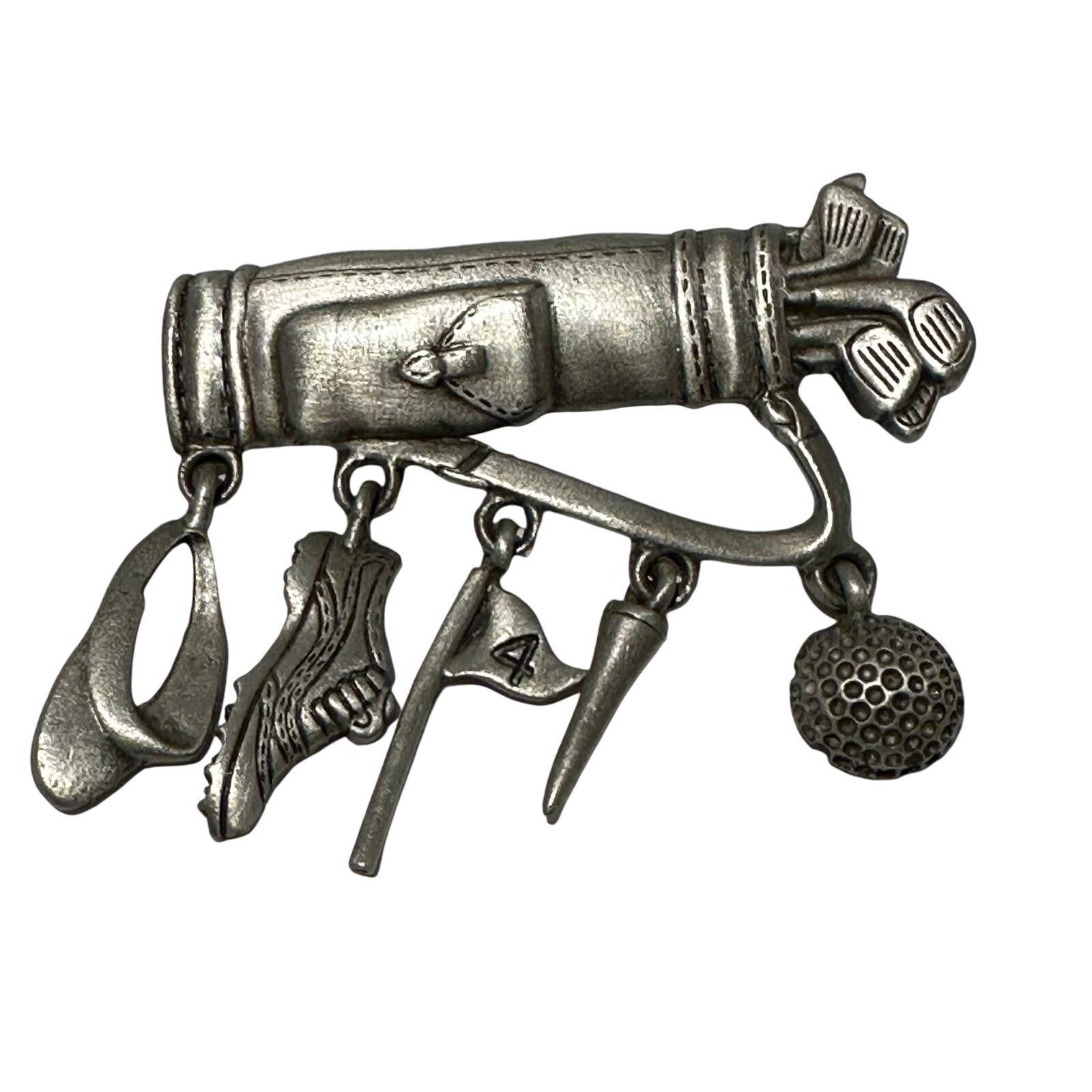IJJI JJ Signed VTG Pewter Golf Bag w/Dangling Caddy Brooch Pin Size ONE SIZE - 1 Thumbnail