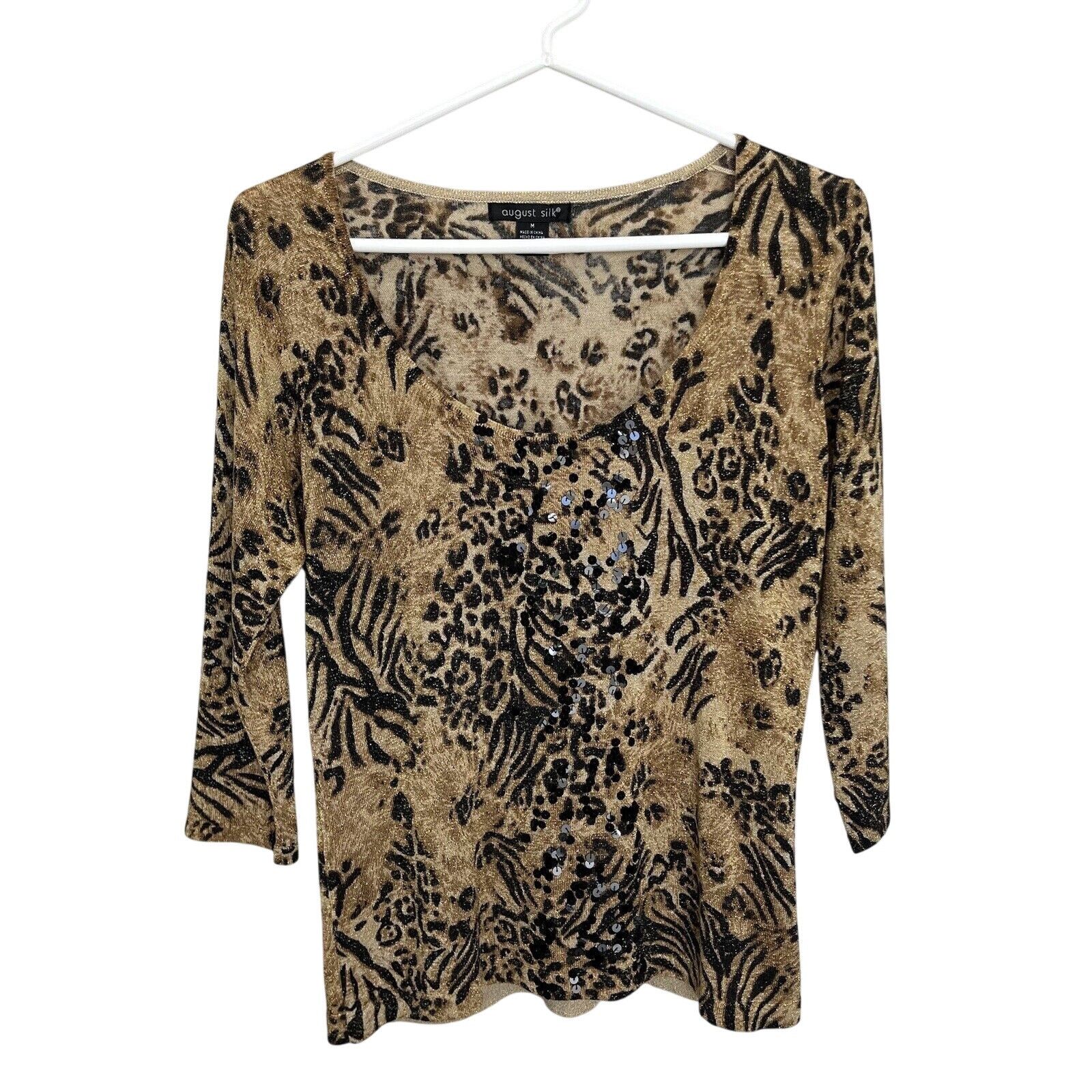 Vintage August Silk | Animal Print Top Sequin Metallic Silk Blend Size M / US 6-8 / IT 42-44 - 2 Thumbnail