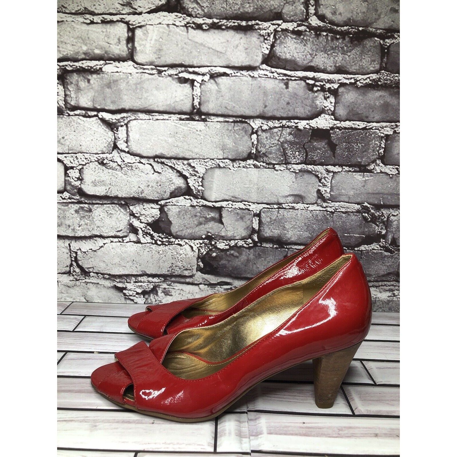 Ecco Ecco Red Patent Leather Peep Toe High Stacked Wooden Heels W Size US 7.5 / IT 37.5 - 17 Thumbnail