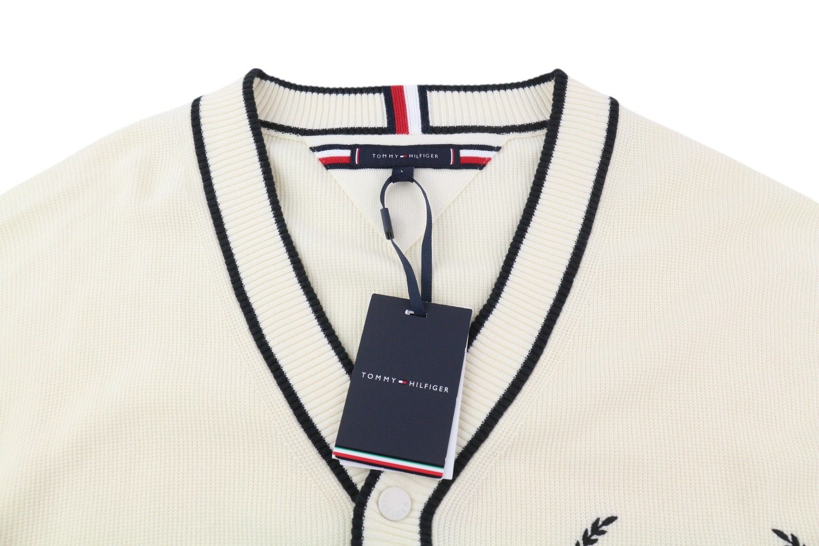 Tommy Hilfiger MONOTYPE TIPPED L Ivory Button-Up Tight-Knit Jumper 85321 Size US L / EU 52-54 / 3 - 4 Thumbnail