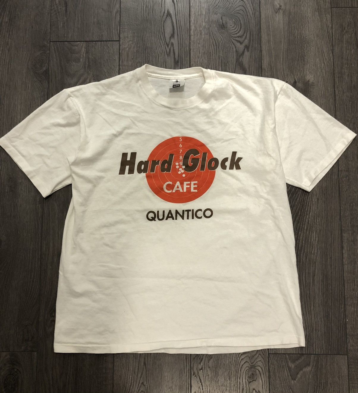 image of Archival Clothing x Made In USA Vintage Hard Glock Cafe Parody T Shirt in White, Men's (Size XL)