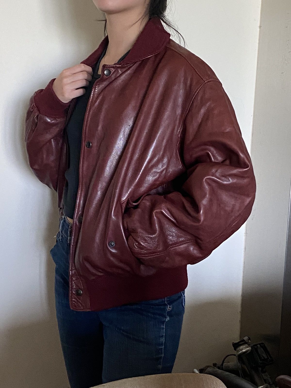 image of Chevignon Aviator Leather Jacket in Burgundy Red, Men's (Size Small)