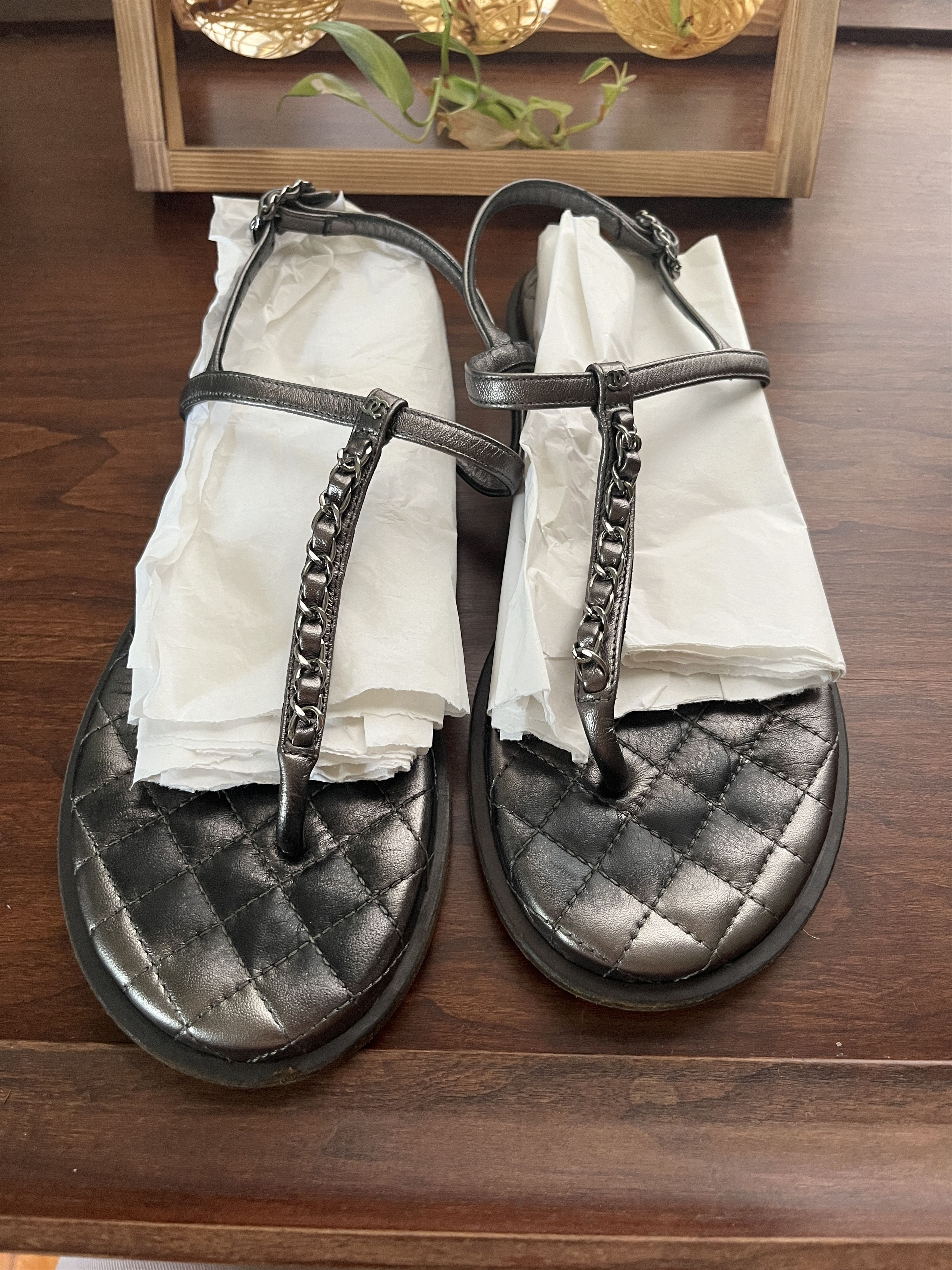 Chanel Chanel metallic black sandals thong chainlink size 37.5 Size US 7.5 / IT 37.5 - 1 Thumbnail