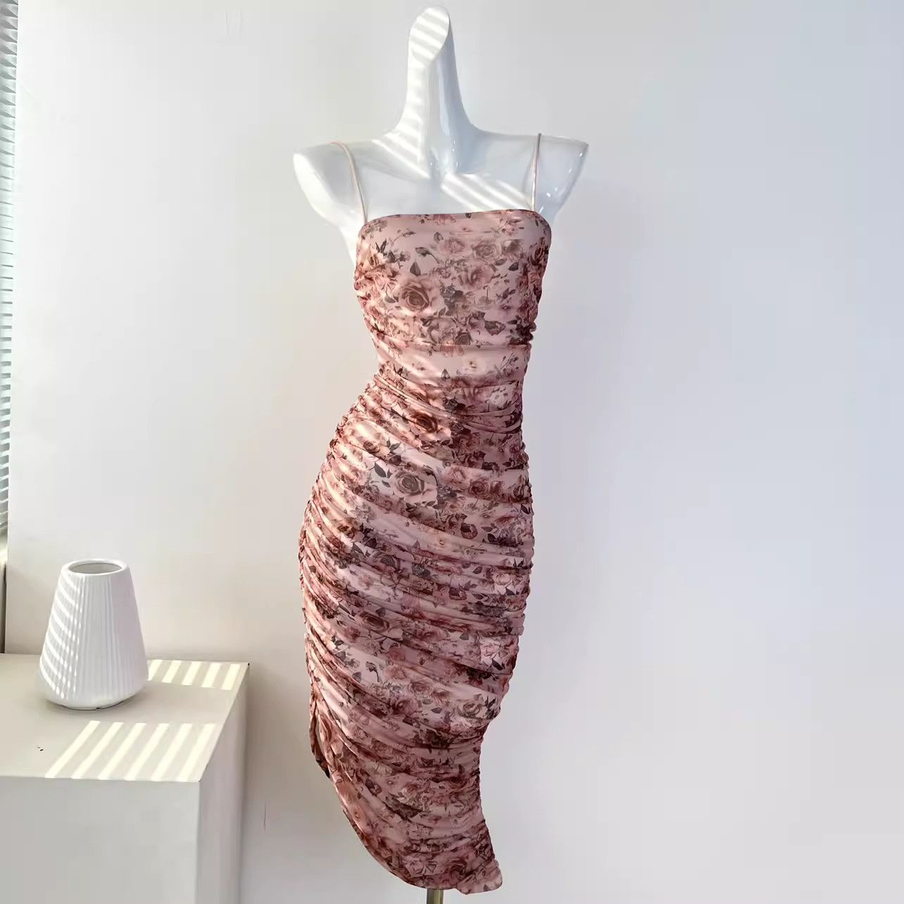 image of Vintage Rose Mesh Pleated Slim-Fit Irregular Halter Dress in Pink, Women's (Size Medium)
