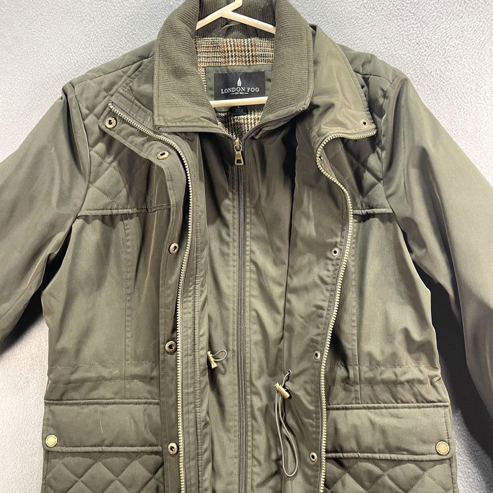 London Fog London Fog Jacket Womens Large Olive Green Quilted Utility Pockets Plaid Lining Size L / US 10 / IT 46 - 4 Thumbnail
