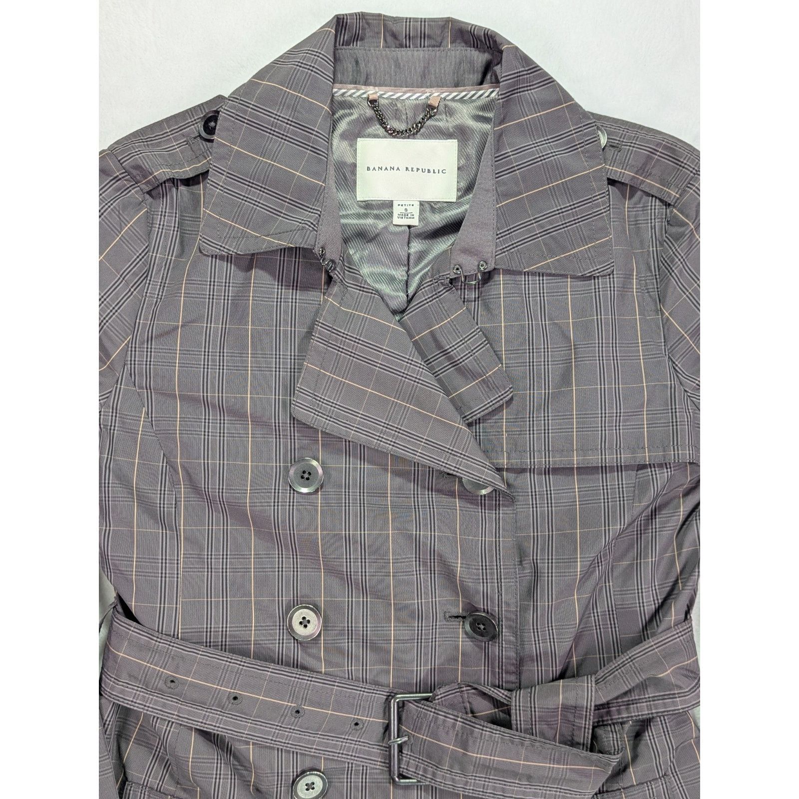 Banana Republic Trench Coat S Petite Gray Plaid Check Double Breasted Belted Size S / US 4 / IT 40 - 5 Thumbnail