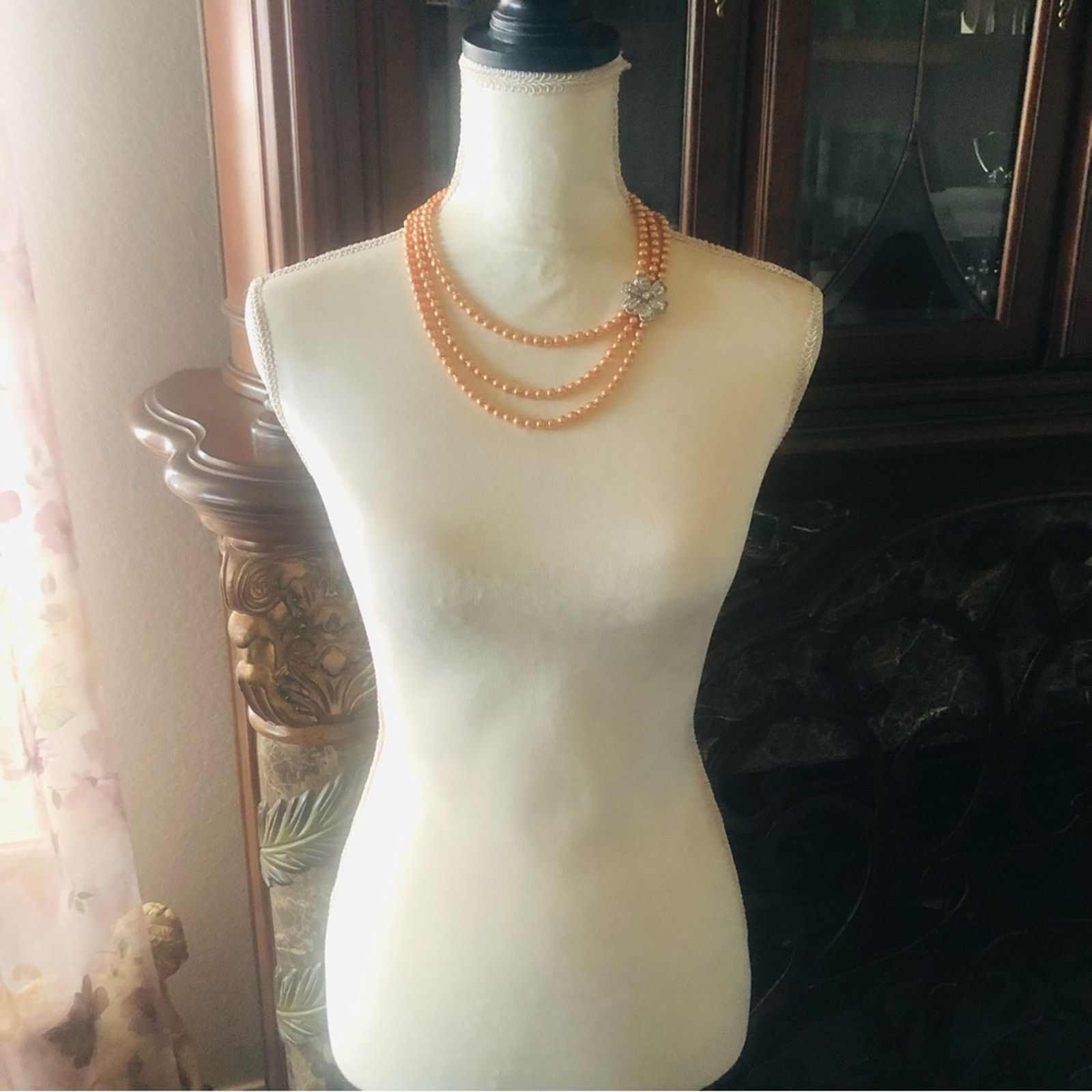 Handmade Handcrafted triple strand golden peach pearl necklac Size ONE SIZE - 6 Thumbnail