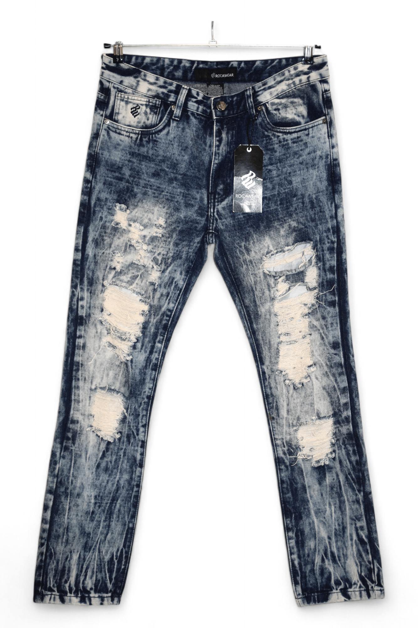Rocawear 🔥Rockawear Dark Acid Wash Distressed Jeans Rhinestones Trim Size US 34 / EU 50 - 13 Thumbnail