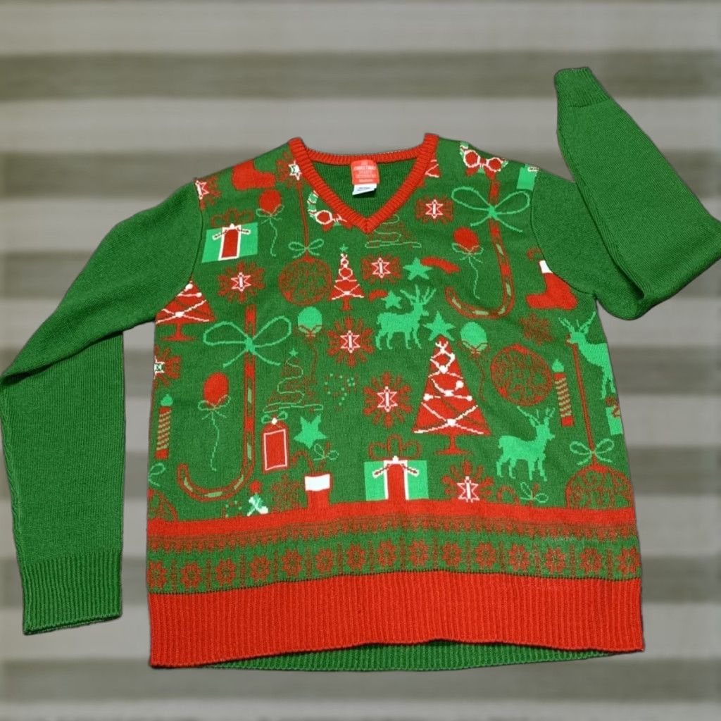 Vintage Ugly Christmas Sweater Shirt Unisex Adults Medium Red Green White Tree Ornament Snow Flakes V-Neck Long Sleeve Pullover Acrylic Vintage No N/A Size M / US 6-8 / IT 42-44 - 1 Thumbnail