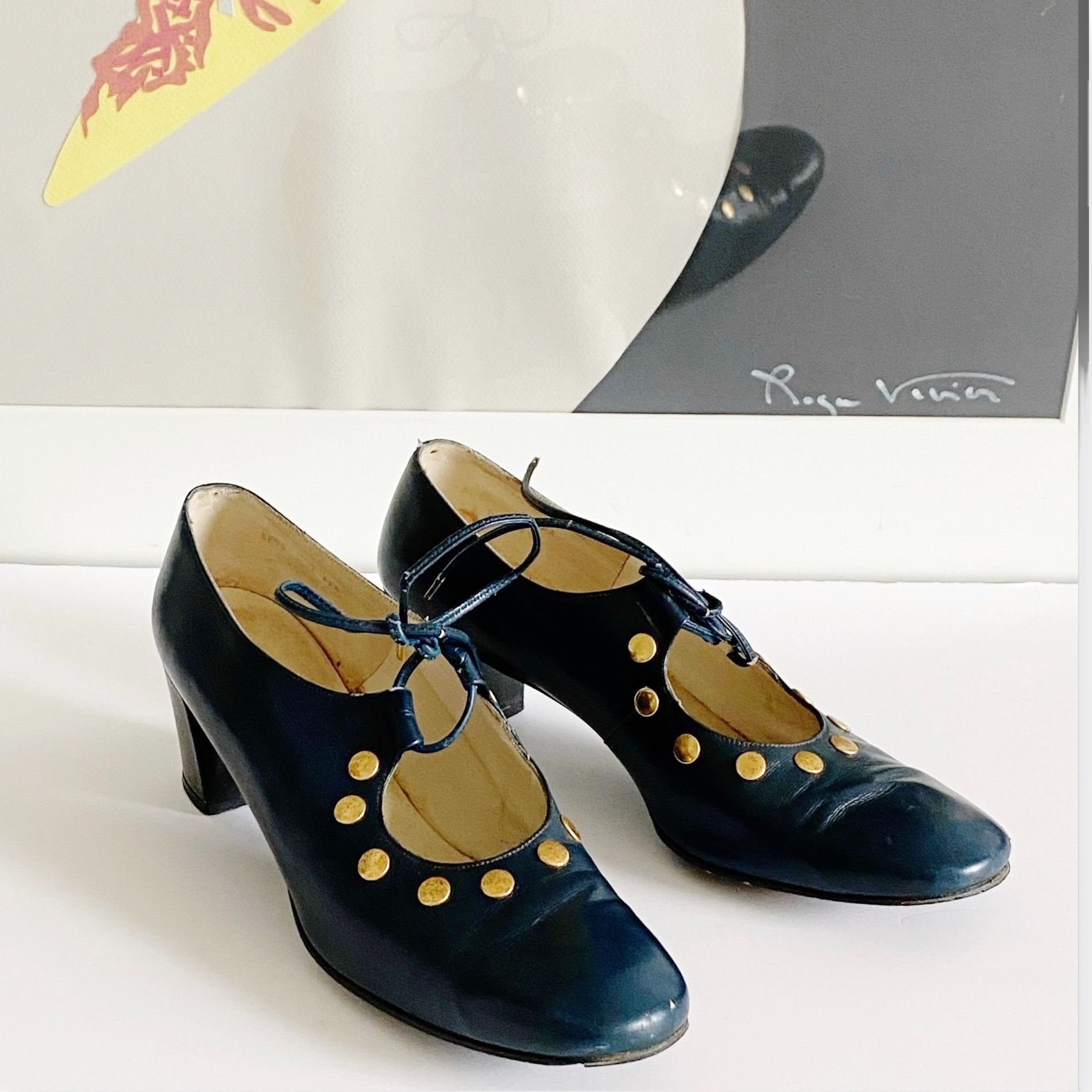 Vintage Roger Vivier Navy Blue Leather Ghillie Pumps with Me