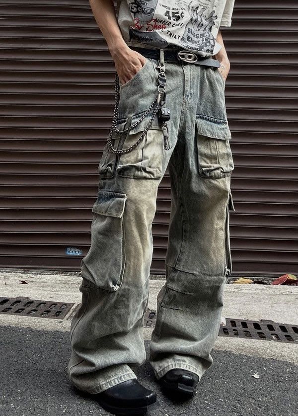 image of Vintage High Street Fashion Faded Multi-Pocket Cargo Jeans Pants in Blue, Men's (Size 30)