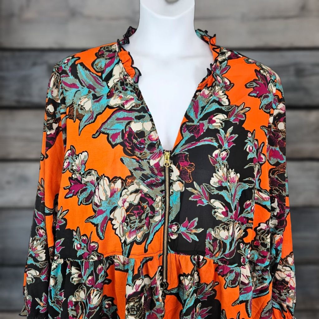 Vintage eShakti Womens Top Blouse Orange Purple Floral Zip Long Sleeve V-Neck 3X Plus Womens Size XXL / US 16-18 / IT 52-54 - 1 Thumbnail