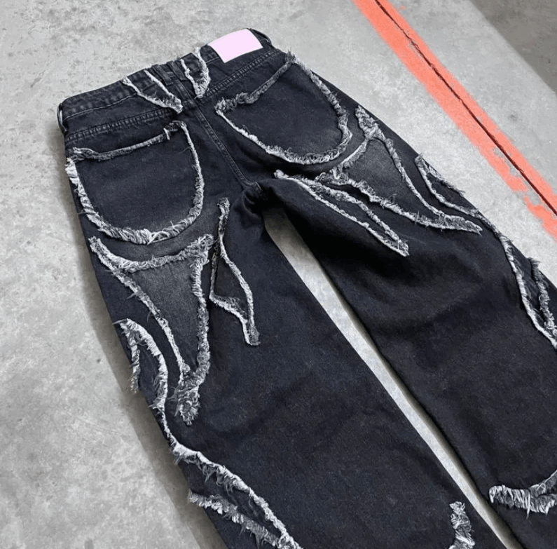Japanese Brand Geometric Pattern Patch Black Old Baggy Jeans Size US 30 / EU 46 - 3 Thumbnail
