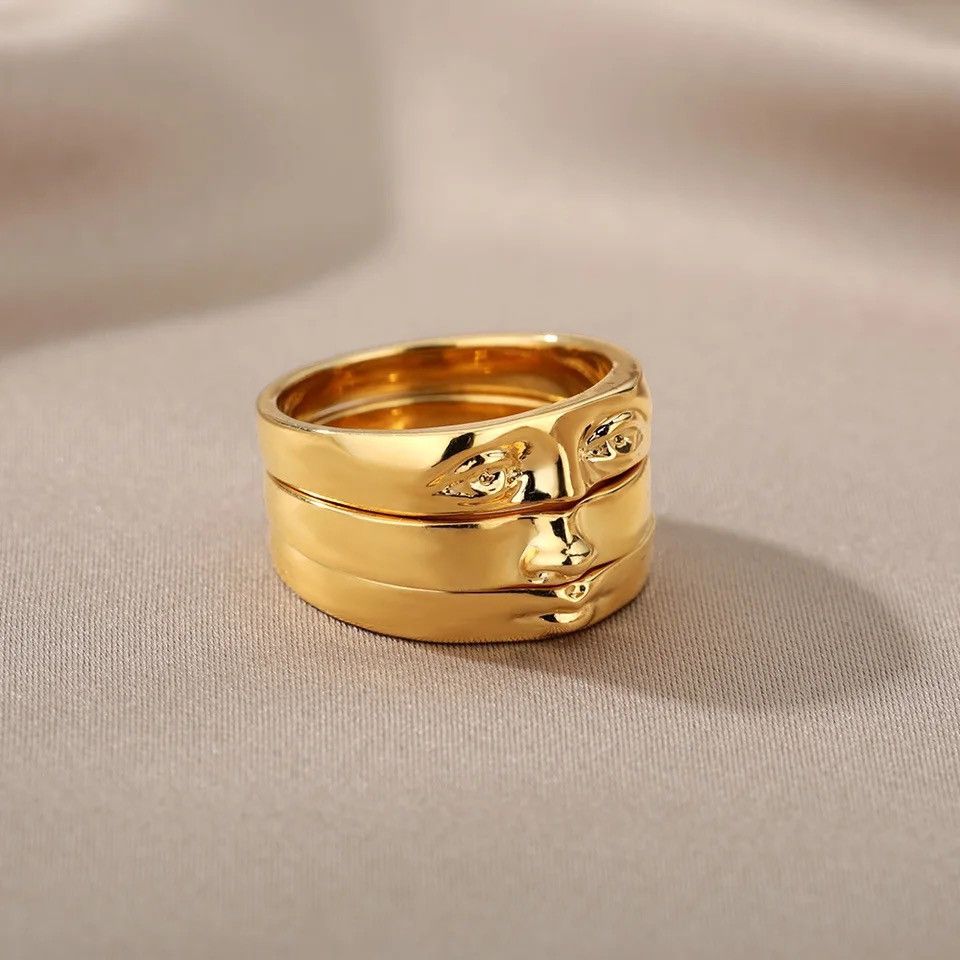 Jewelry Gold Color 3Pc/Set Face Stack Ring( Size 7/8/9) Size ONE SIZE - 2 Thumbnail