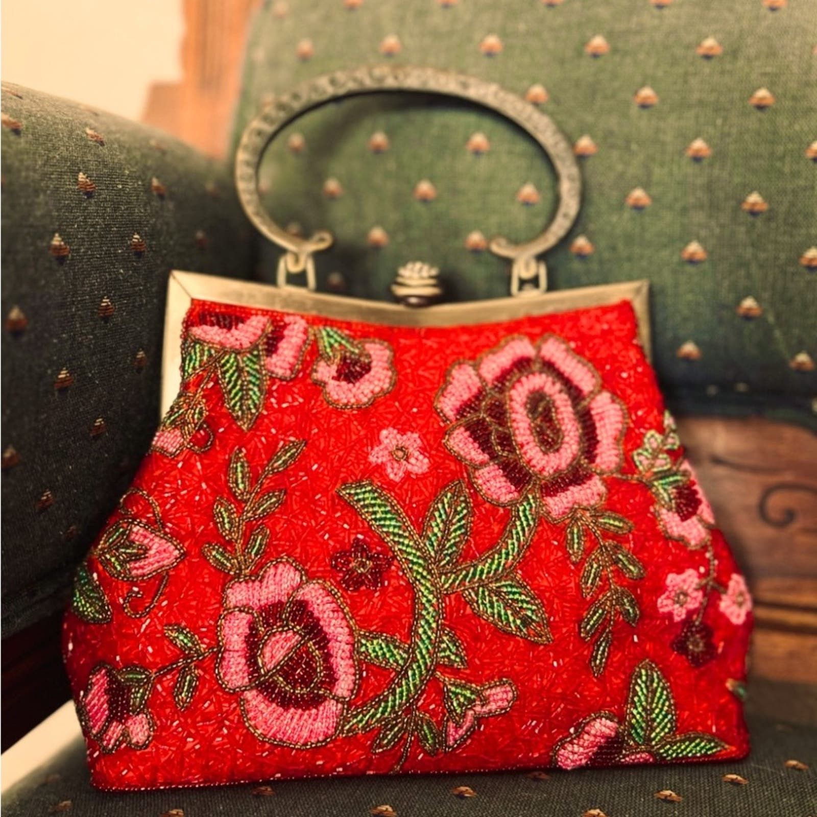 image of Vintage Floral Beaded Purse in Red, Women's