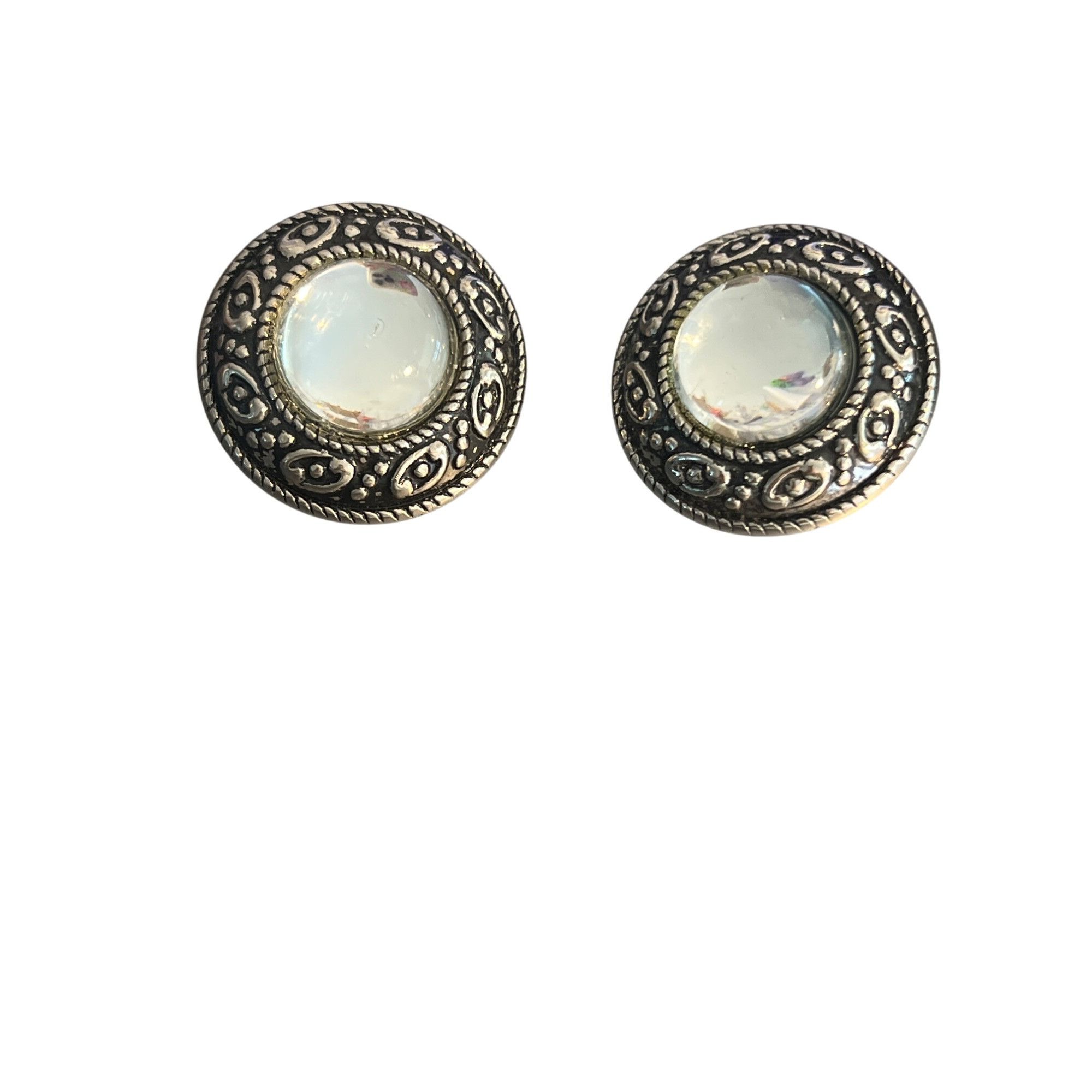 Other Vintage Large Silver Tone Clip On Earrings Clear Cabochon 1. Size ONE SIZE - 1 Thumbnail