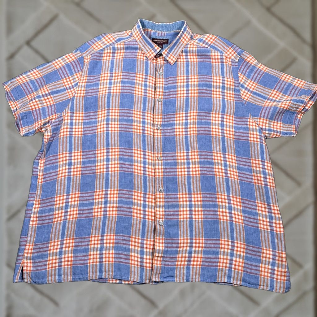 Johnston & Murphy Johnston & Murphy Men's Short Sleeve Linen Shirt 3XL Blue Orange Plaid Summer Casual Size US XXL / EU 58 / 5 - 1 Thumbnail