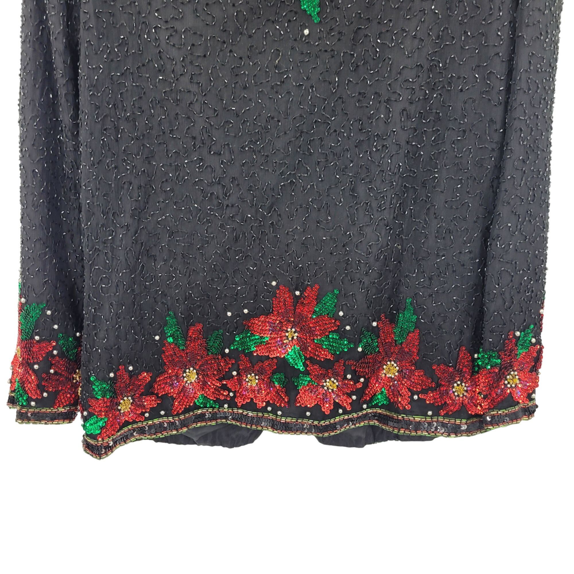 Vintage Vtg 80s Black Silk Red Poinsettia Beaded Jacket Cardigan Sz Size S / US 4 / IT 40 - 9 Thumbnail