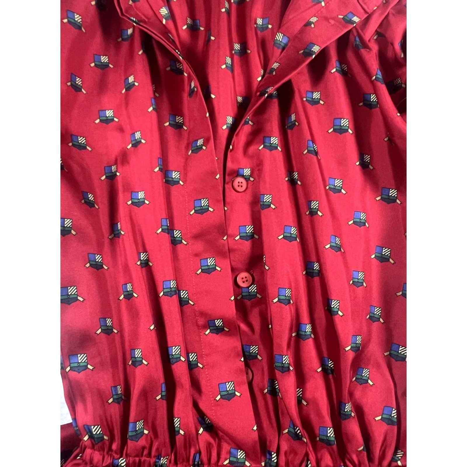 Vintage Frank Young Silk Shirt Dress Womens 6 Red Geometric Print Elastic Waist Buttons Size M / US 6-8 / IT 42-44 - 2 Thumbnail