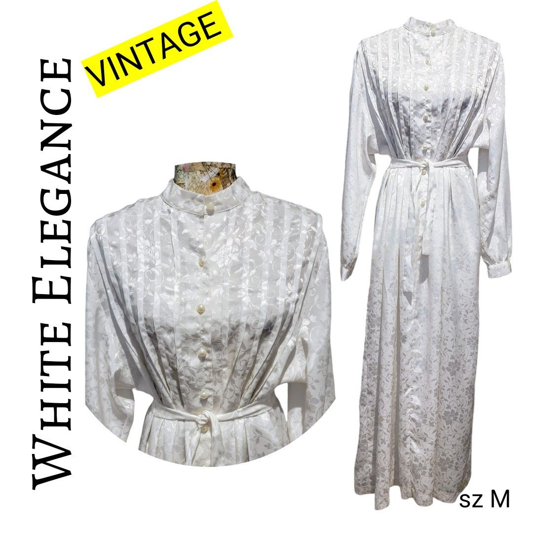 Vintage Vintage White Elegance 70s 80s Long Textured Patterned Dress Size M / US 6-8 / IT 42-44 - 1 Thumbnail