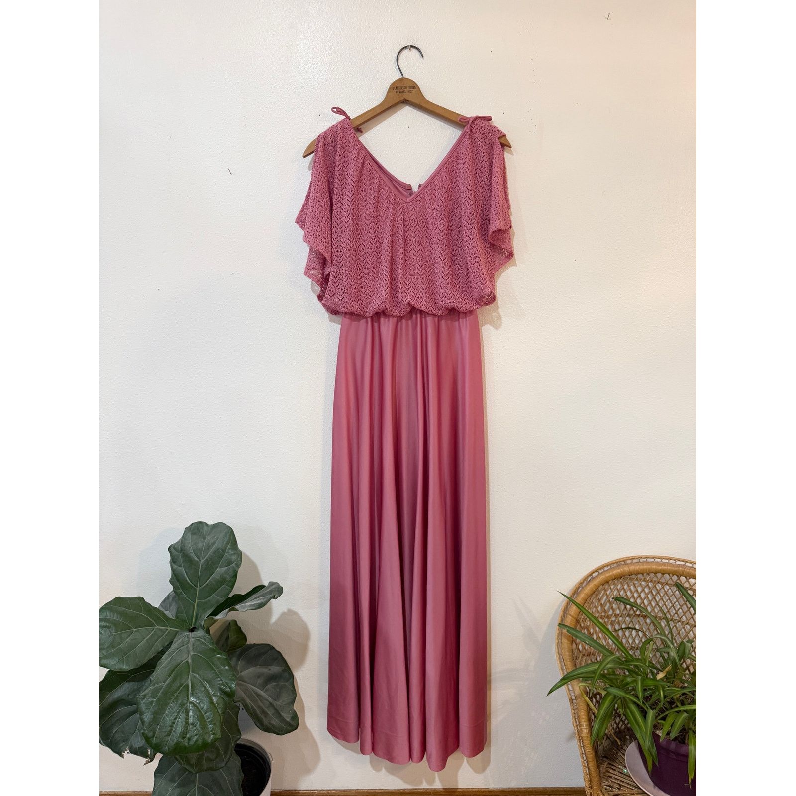 Vintage 70s Dusty Pink Flutter Sleeve Maxi Dress Size XL / US 12-14 / IT 48-50 - 2 Thumbnail