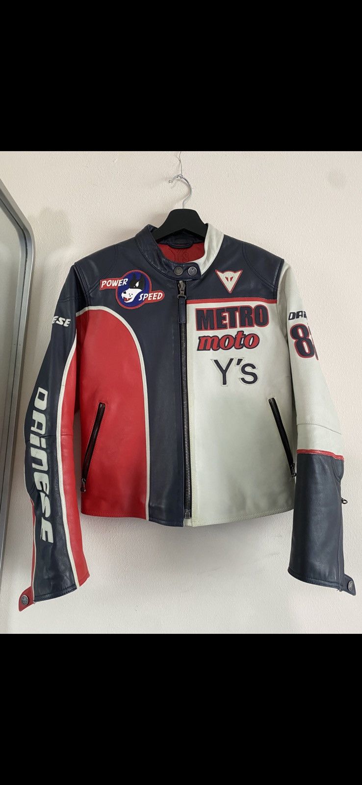 Image of Aw2004 Yohji Y's Dainese Split Moto Racing Leather Jacket in Black Red White, Men's (Size Small)