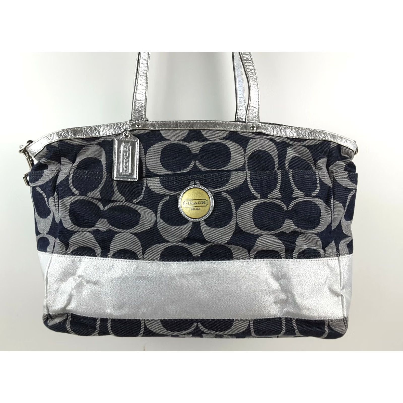 Coach Coach Signature Stripe Denim Tote - XL - Women - 18” Top 15” Bottom - Zip - Pockets - Lined - Jacquard - Silver Hardware - Denim Blue/Silver - Casual Size ONE SIZE - 4 Thumbnail