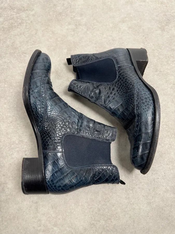 Miu Miu Miu Miu Dark Navy Crocodile Embossed Leather Chelsea Boot Brogue Size US 5.5 / EU 38 - 2 Thumbnail
