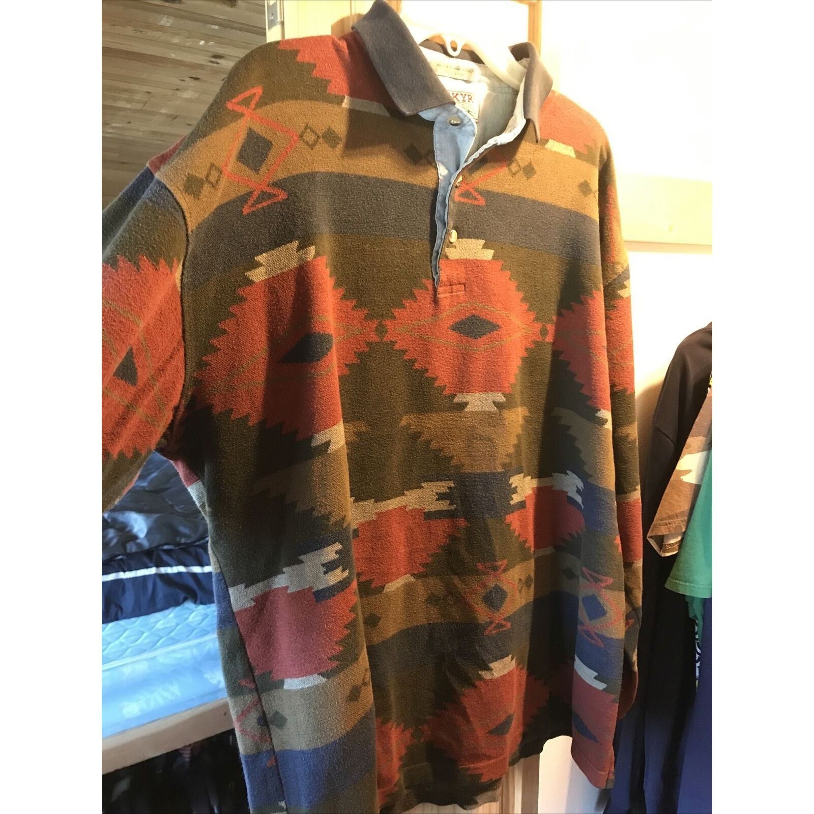 Other Skyr Vintage Mens XL Aztec Tribal Print LS Cotton Polo Shirt Size US XL / EU 56 / 4 - 3 Thumbnail