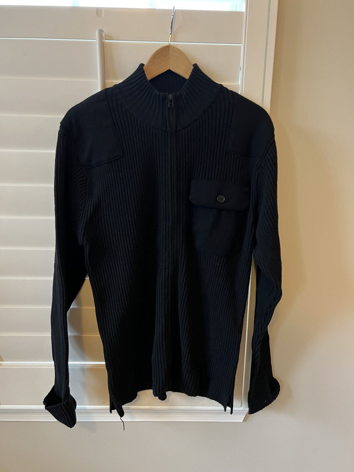 Yohji Yamamoto Yohji 7G Wool Cotton Rib Zip-up w Shoulder and Elbow Patches Size US S / EU 44-46 / 1 - 1 Thumbnail