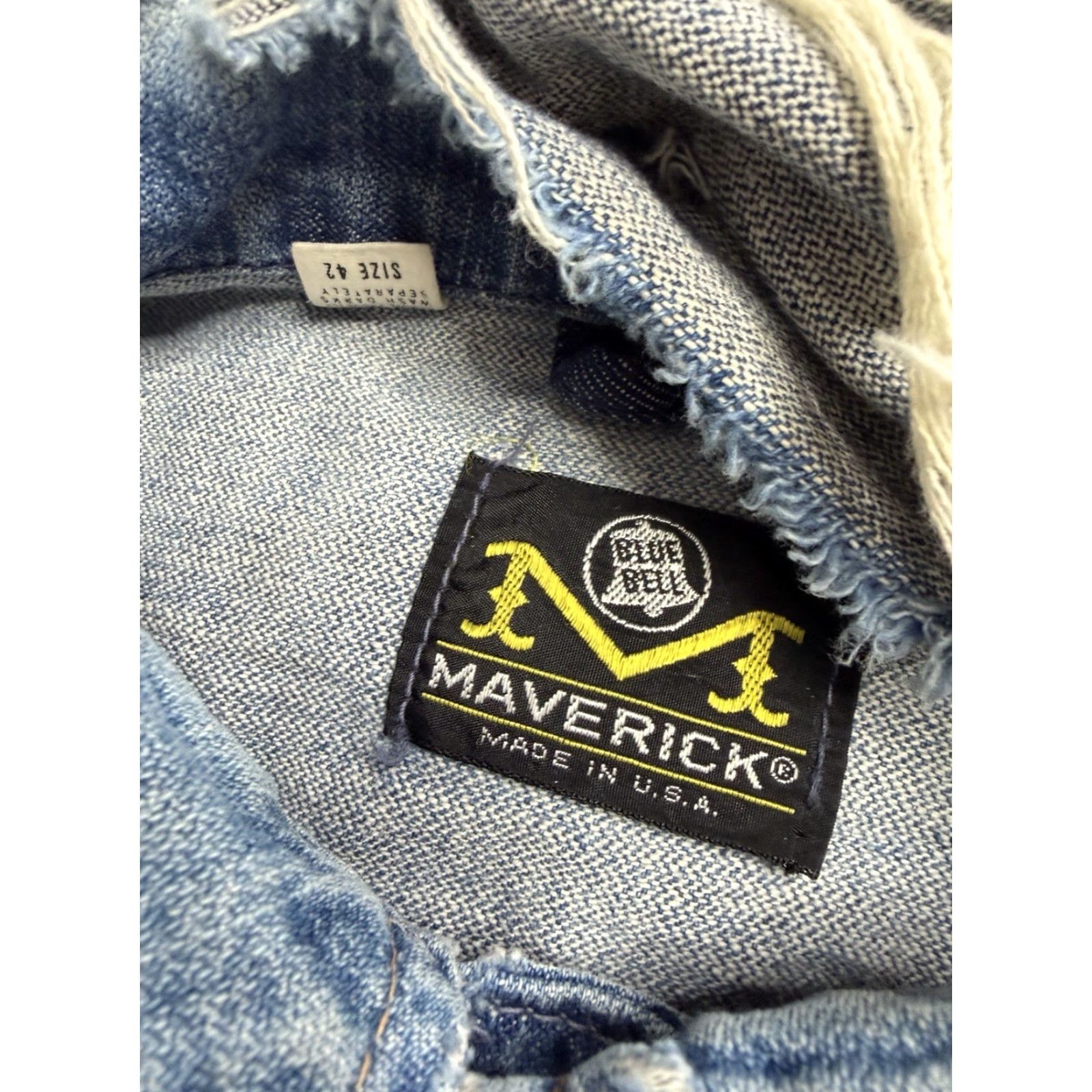 VINTAGE Mavericks Trucker Jacket Mens 42 Blue Denim Distressed Blue Bell Regular Jacket Mens Background edited