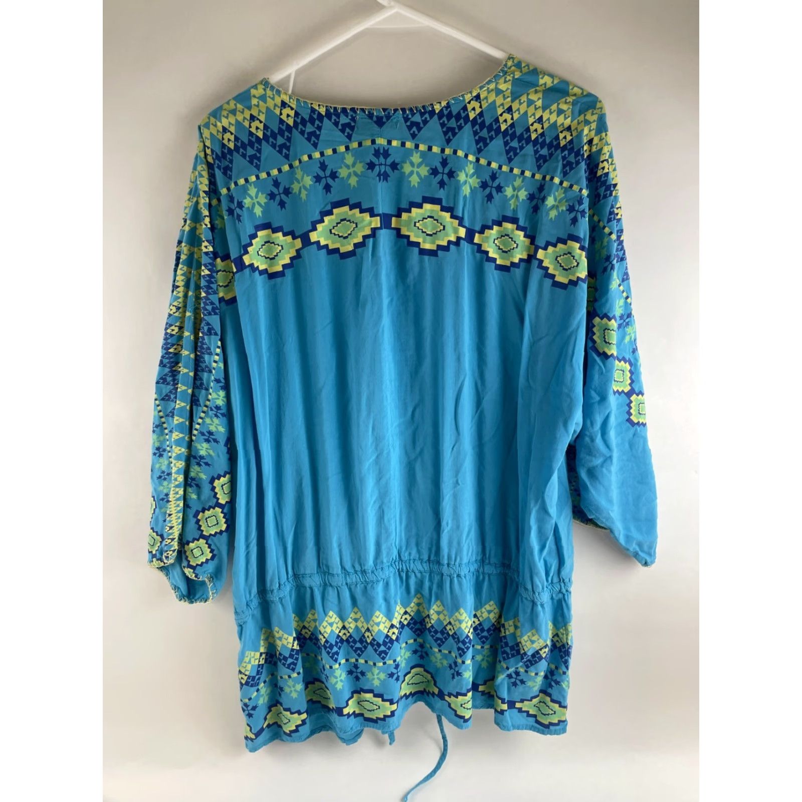 Vintage One World Swim Cover Boho Women's Large Long Sleeve V-Neck Waist Drawstring Shirt Size L / US 10 / IT 46 - 2 Thumbnail
