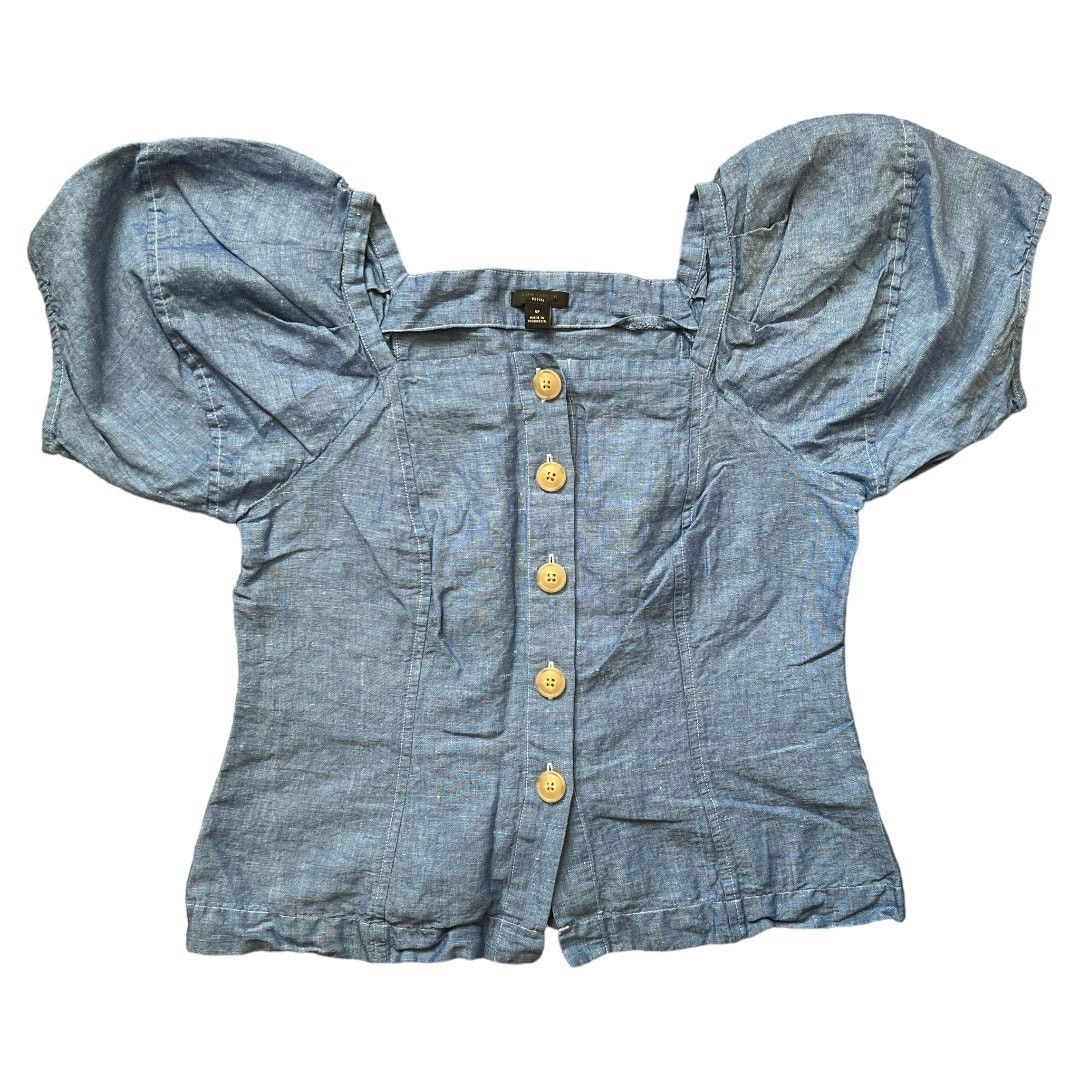 Ann Taylor ANNE TAYLOR Petite Blue Chambray Puff Sleeve Top, SP Size S / US 4 / IT 40 - 1 Thumbnail