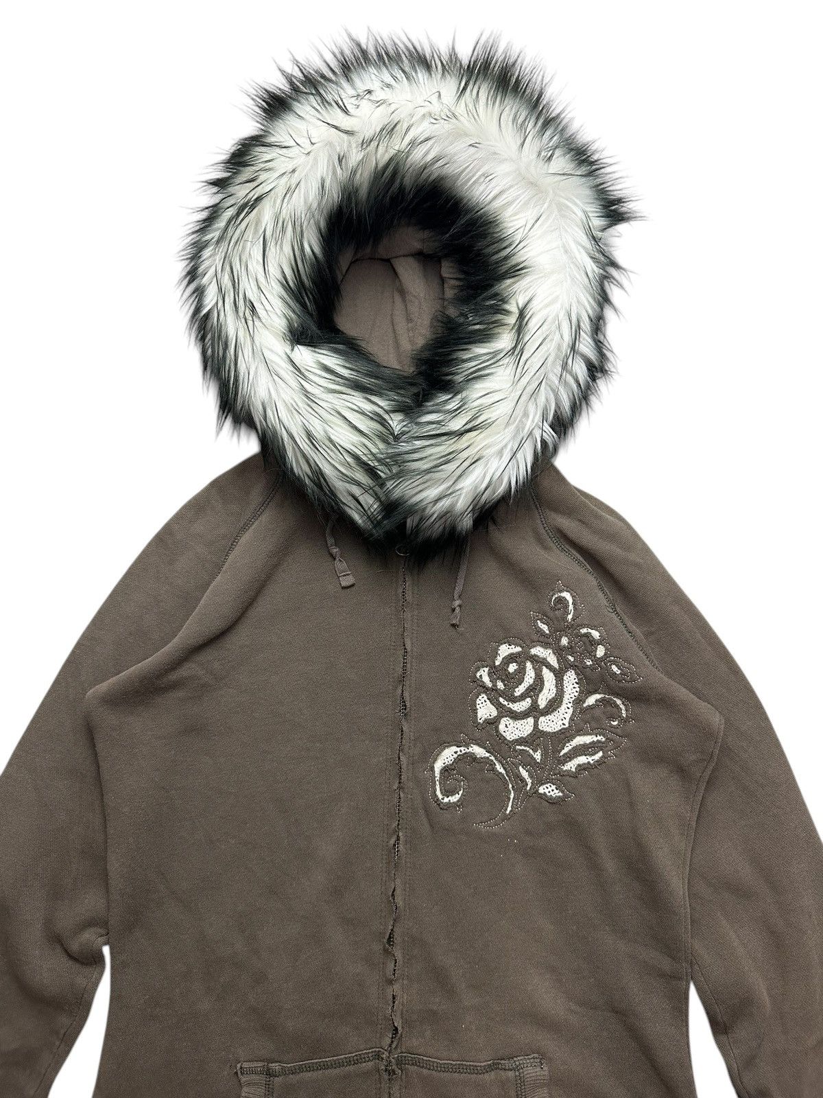 SICK FADED DISTRESSED BLACK WHITE FUR ZIP HOODIE PUNK STYLE