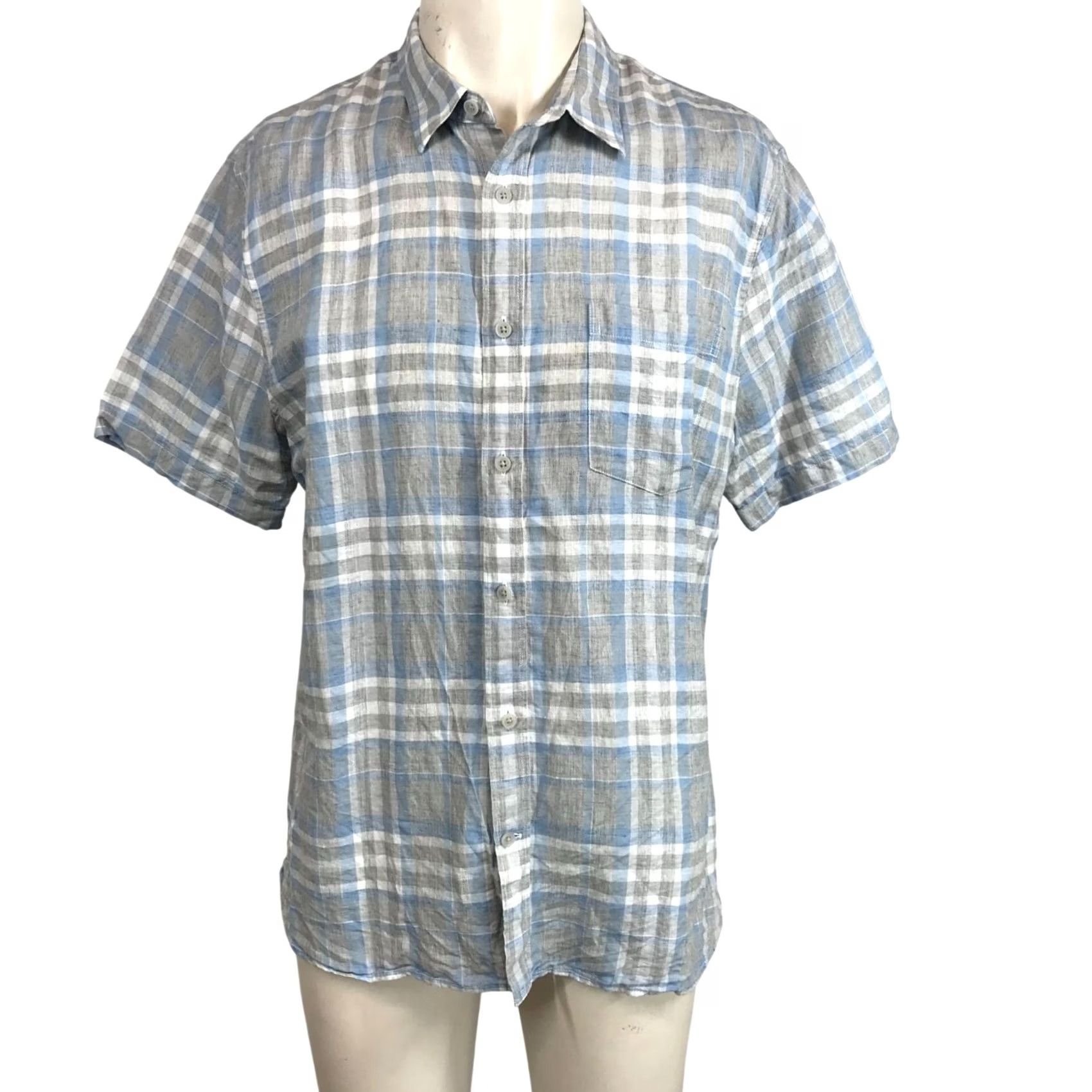 Vince Vince. Mens L Gray Plaid Short Sleeve Button-Up Linen Blend Classic Shirt Size US L / EU 52-54 / 3 - 2 Thumbnail