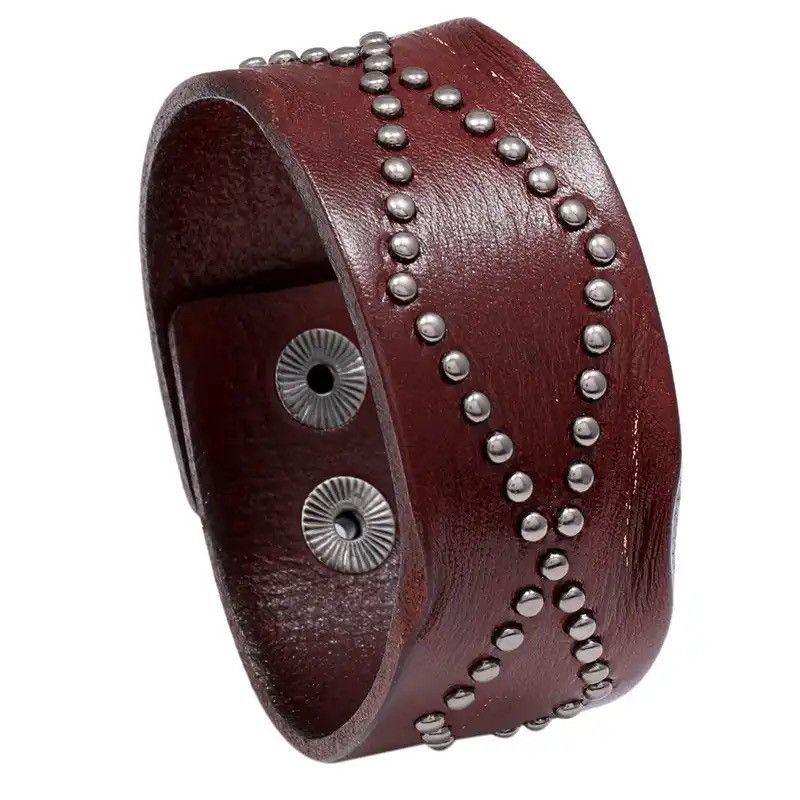 Vintage Genuine Leather Wide Wristband Rivet Button Bracelet Size ONE SIZE - 2 Thumbnail