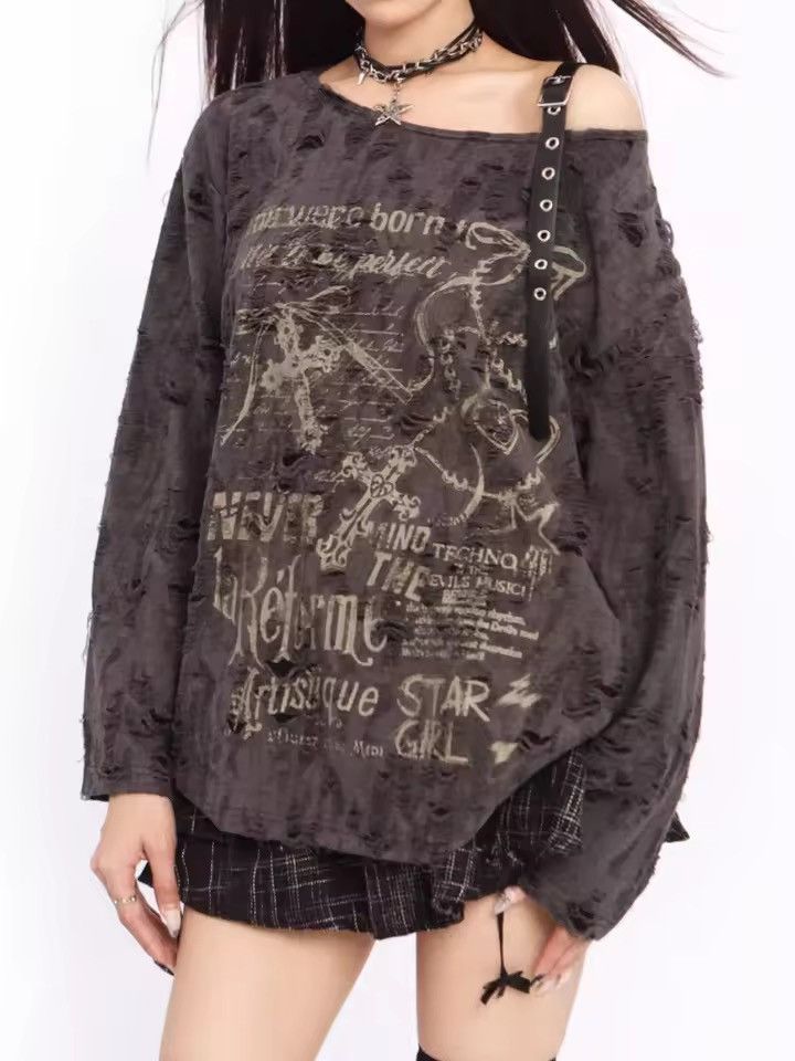 Japanese Brand Grunge Distressed Off-Shoulder Graphic Longsleeve Size XL / US 12-14 / IT 48-50 - 6 Thumbnail