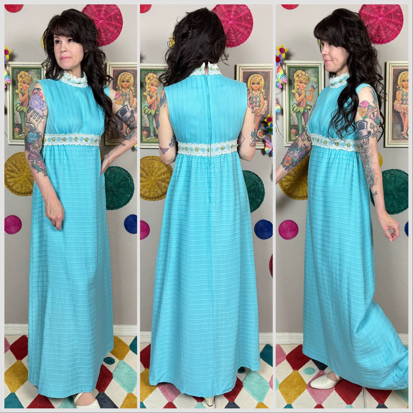 Vintage Vintage 60s Sky Blue Sleeveless A-Line Mock Neck Maxi Dress Size S / US 4 / IT 40 - 2 Thumbnail