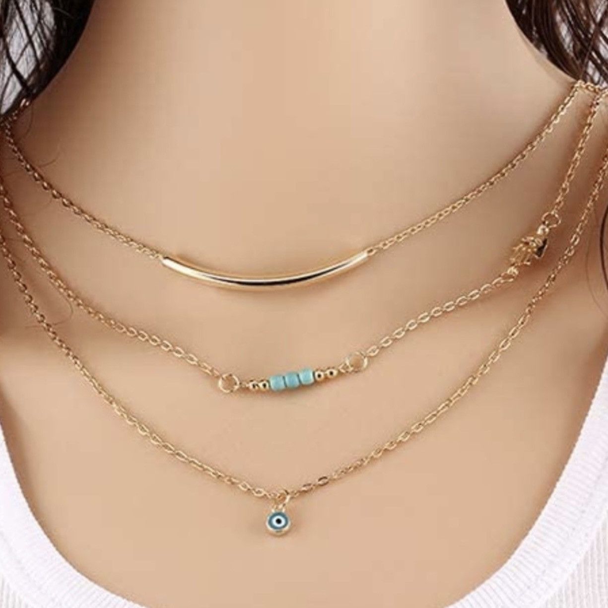 Other Gold tone triple strand layered Turkish evil eye necklace Size ONE SIZE - 6 Thumbnail